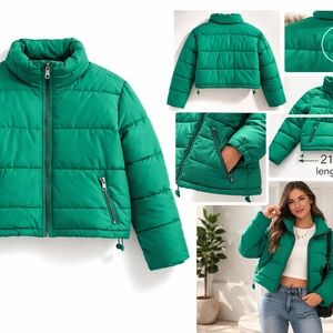 The Drop Green Cropped Puffer Jacket Womens Small Zip Up Quilted Winter Coat